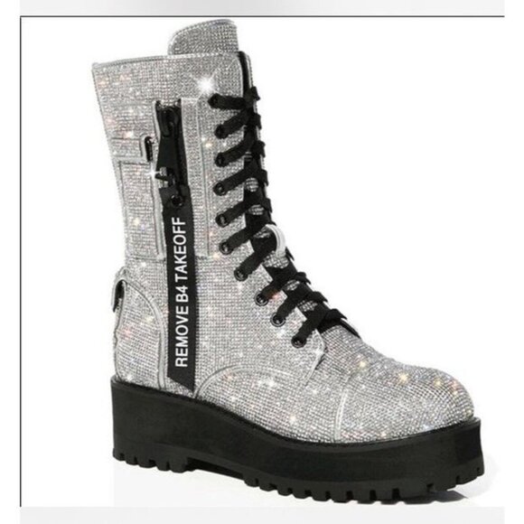 Dolls Kill Bling Combat Boots Deadstock With Pockets Womens 7 Silver - Picture 2 of 8